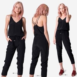 Grana Chinese Silk Black Cinched Waist Camisole Jumpsuit with Pockets (XXS)